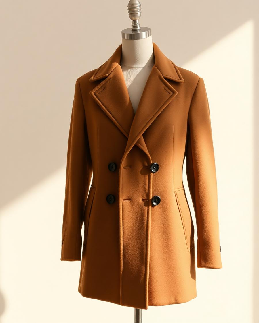 Camel double-breasted wool overcoat on a mannequin