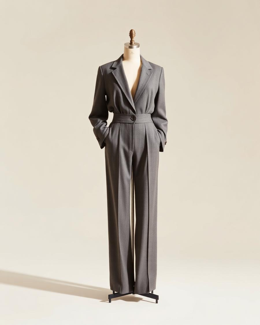 Grey wool wide-leg tailored trousers