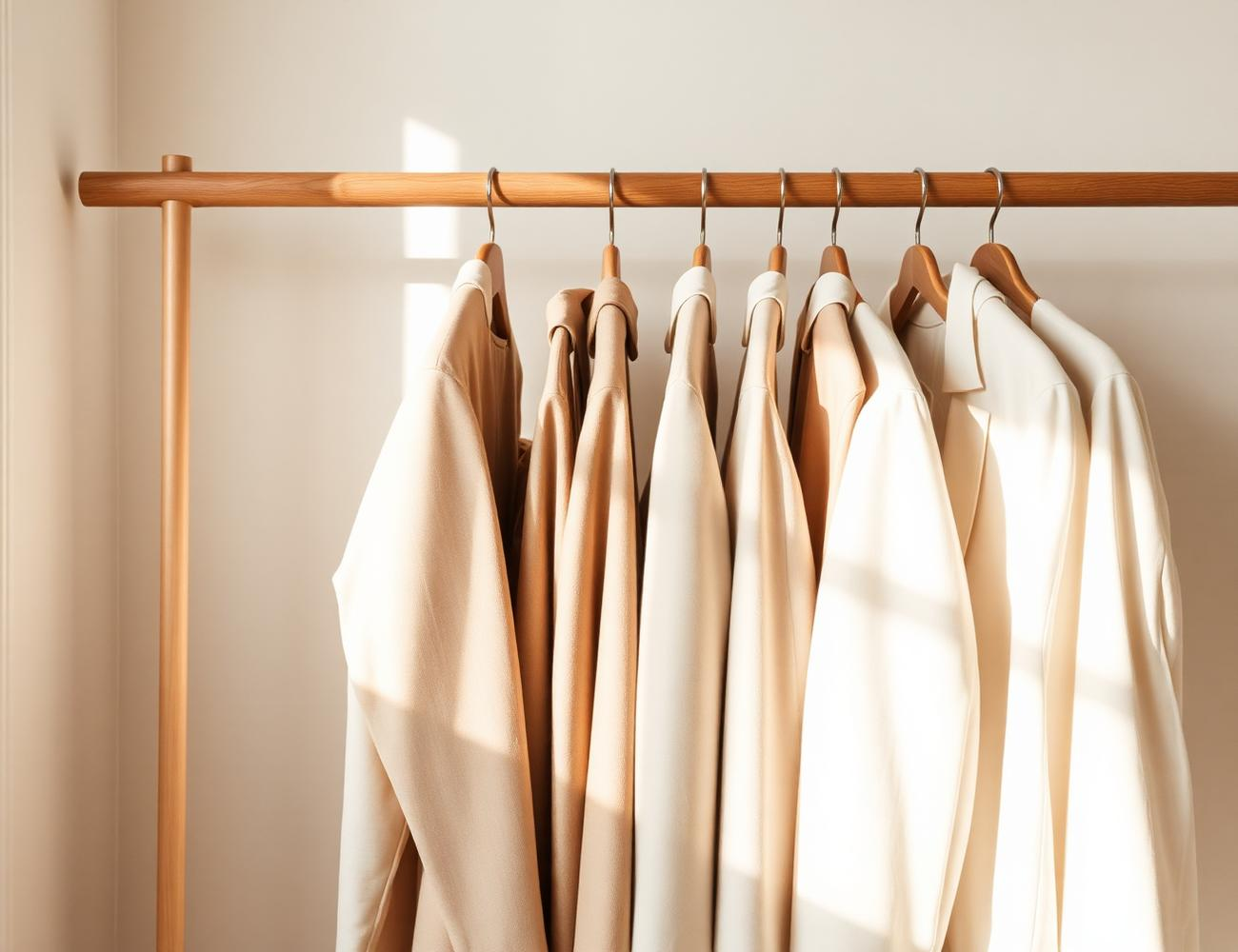 Neutral tailored garments hanging on a wooden rail