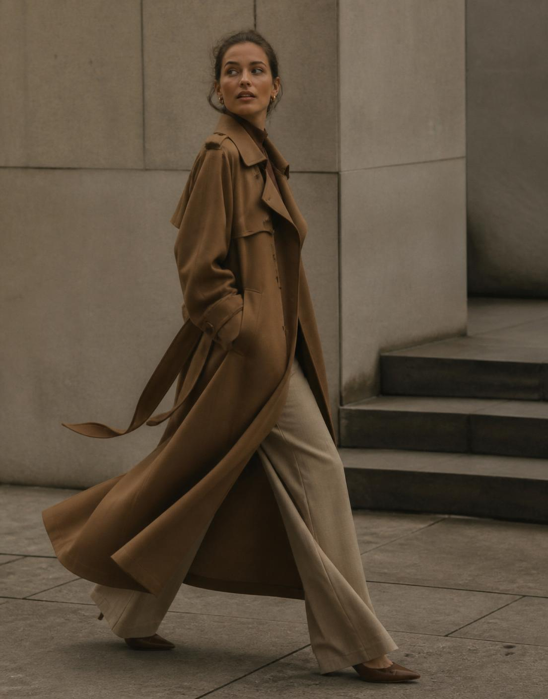 Model walking in a camel trench coat past concrete architecture